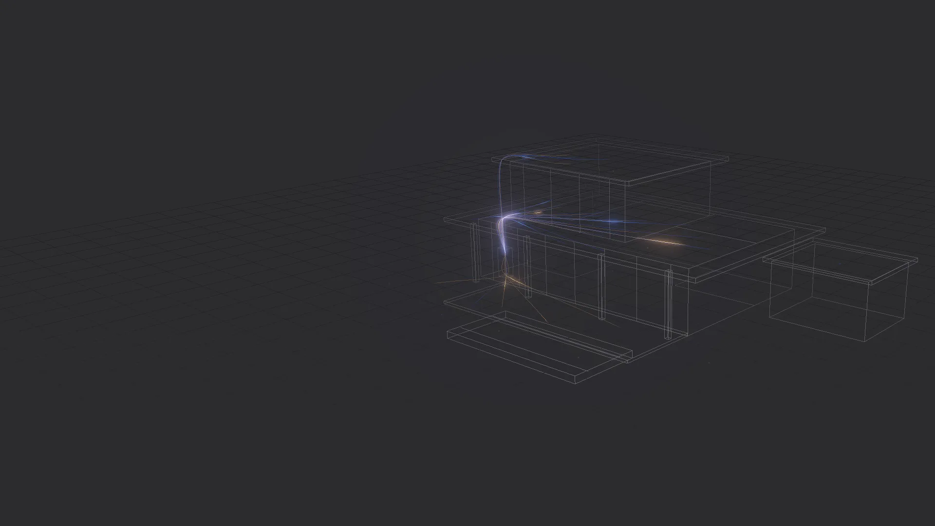 Wireframe model of a modern villa with glowing network signals connecting every room